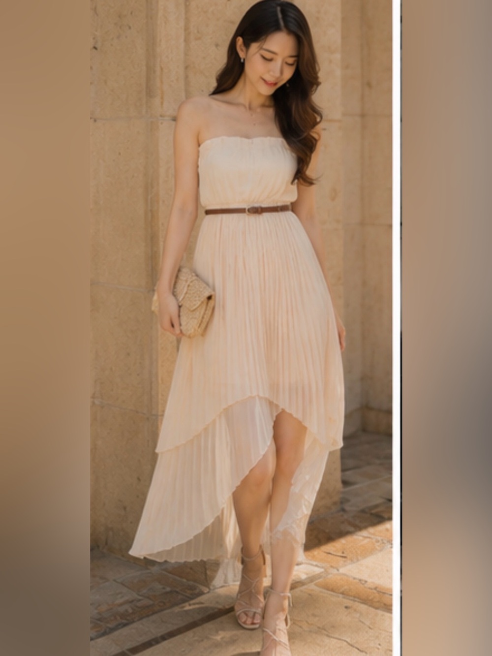 Elegant Cream tube top high low dress